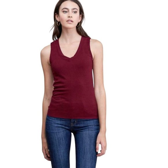 Merlot Red Ribbed Tank Top Shell Size S Pullover Sleeveless V Neck - Picture 4 of 7